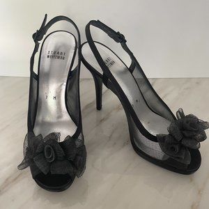 Stuart Weitzman Black Satin High Heels with Organza Bow Size 7M